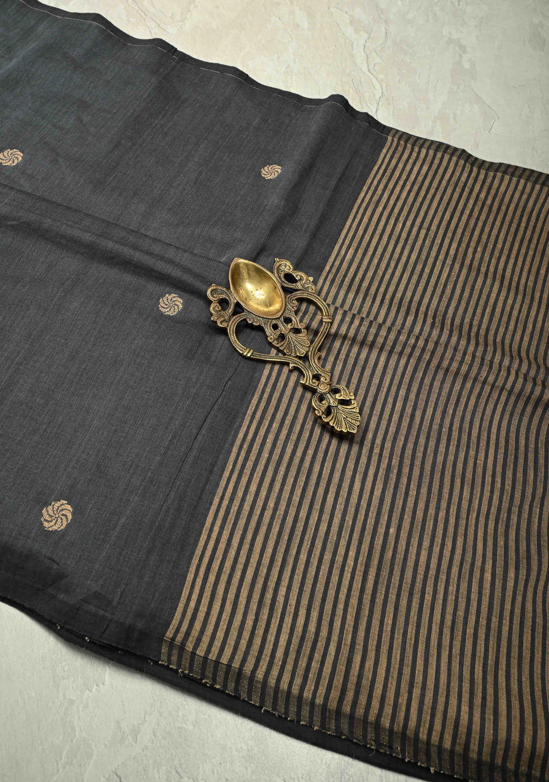 Gray Bengal Cotton Handloom saree with Resham Buttas and Long Tassels