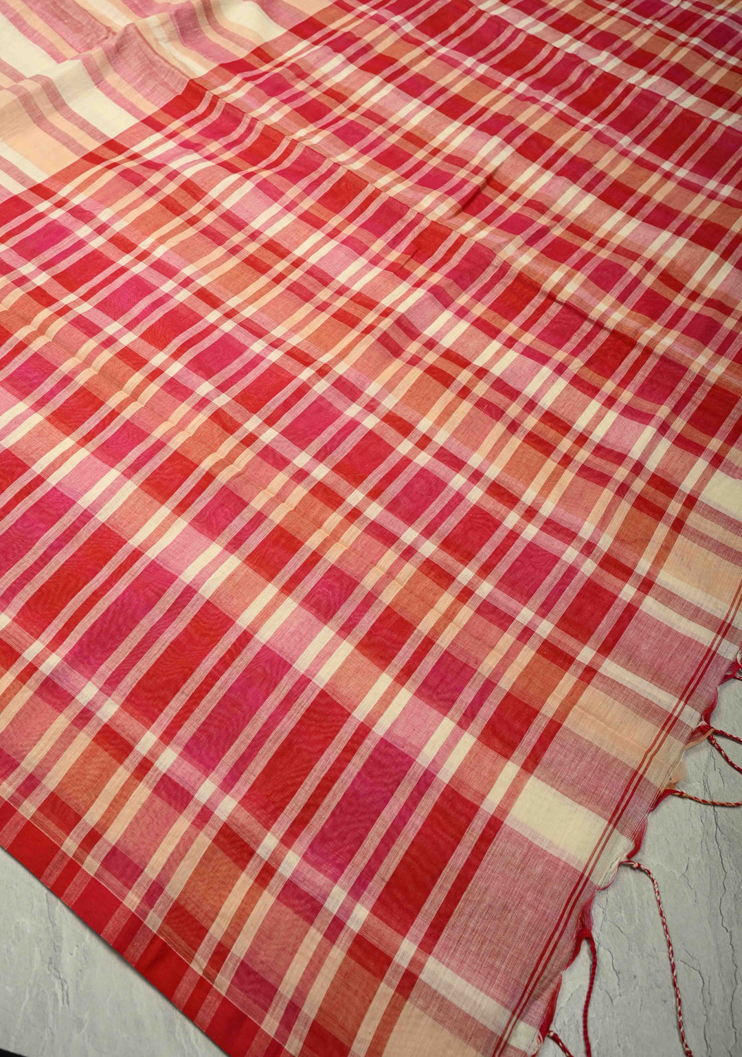 Beige-Pink Bengal Cotton Handloom saree with Long Tassels