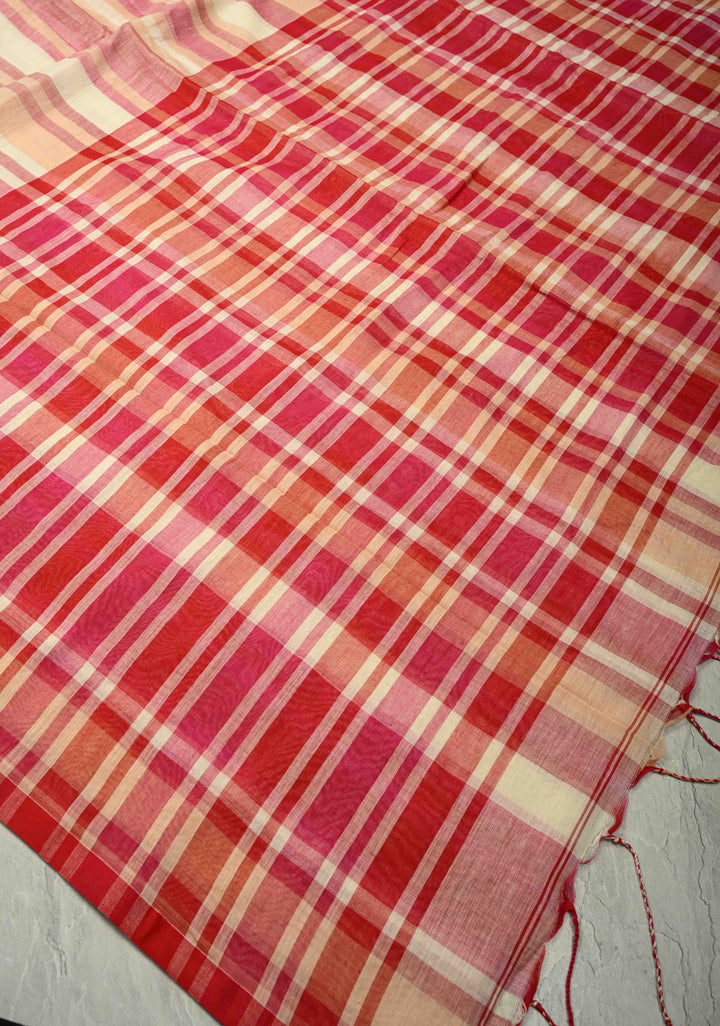 Beige-Pink Bengal Cotton Handloom saree with Long Tassels