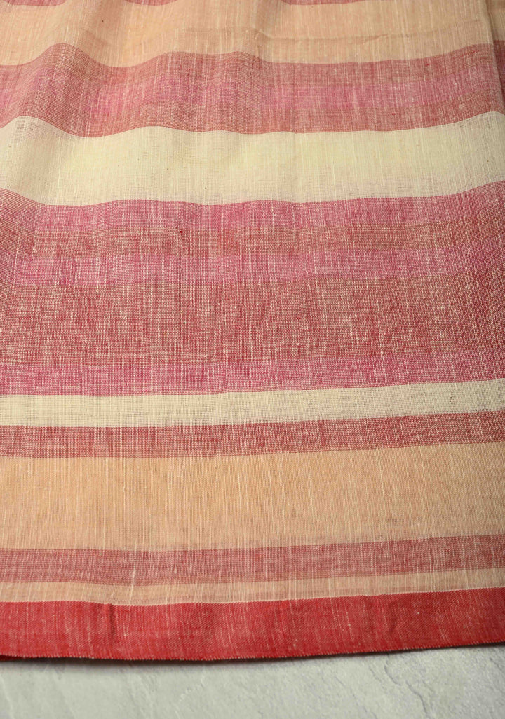 Beige-Pink Bengal Cotton Handloom saree with Long Tassels