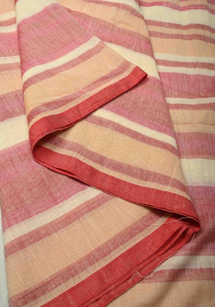 Beige-Pink Bengal Cotton Handloom saree with Long Tassels