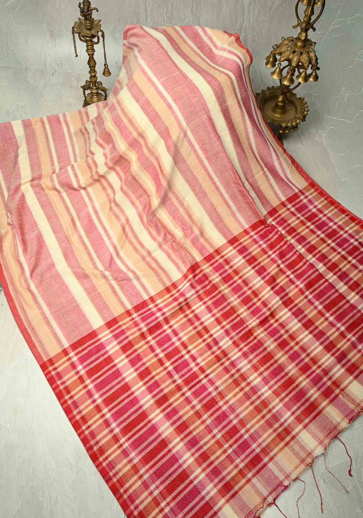 Beige-Pink Bengal Cotton Handloom saree with Long Tassels