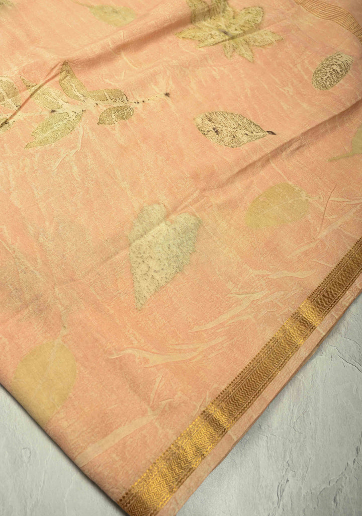 Peach Eco print on Chanderi  Silk Saree with Leaf Buttas and Minimal Zari Border