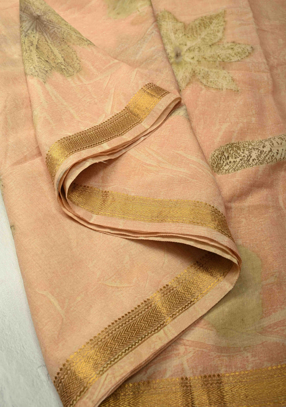 Peach Eco print on Chanderi  Silk Saree with Leaf Buttas and Minimal Zari Border
