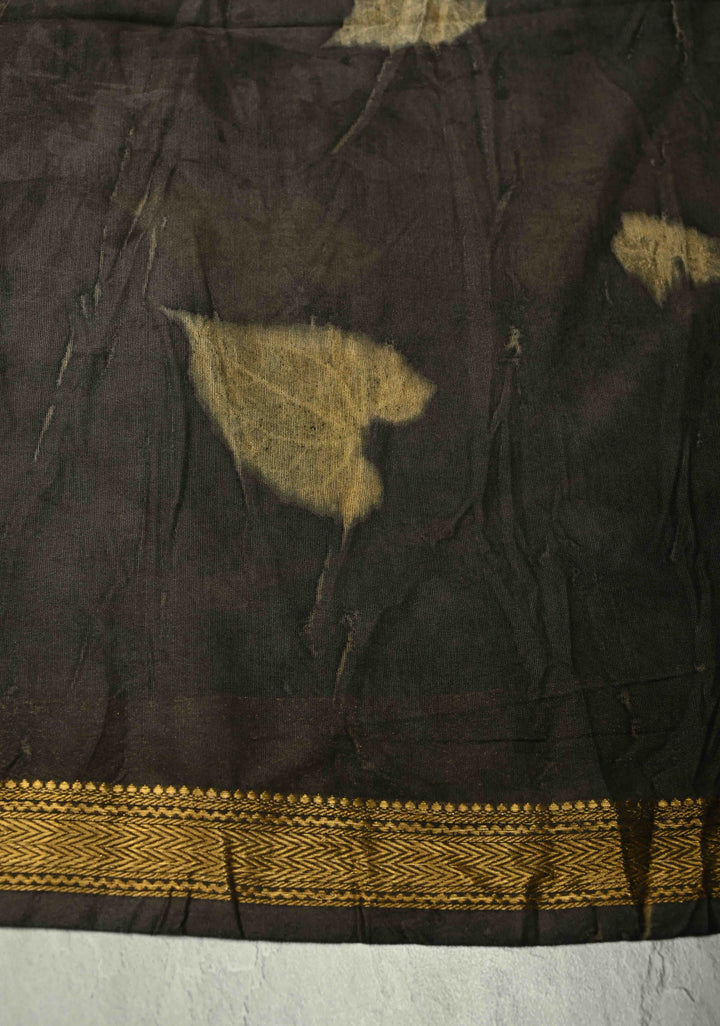 Charcoal Black Eco print on Chanderi Silk Saree with Leaf Buttas and Minimal Zari Border
