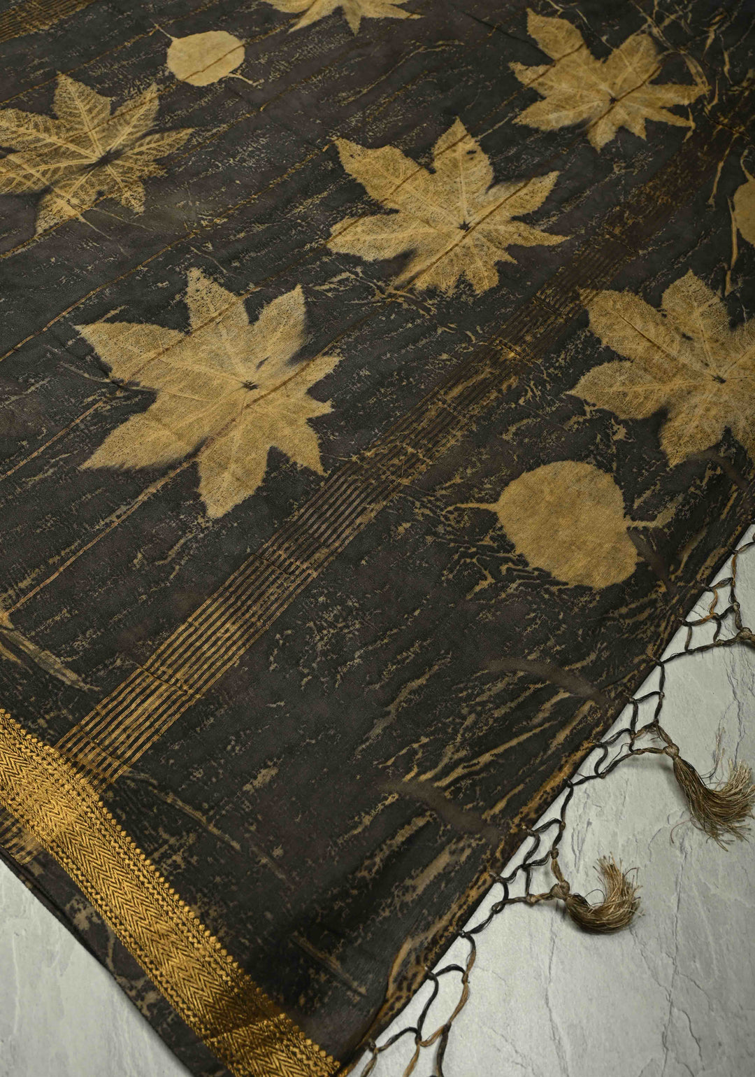 Charcoal Black Eco print on Chanderi Silk Saree with Leaf Buttas and Minimal Zari Border