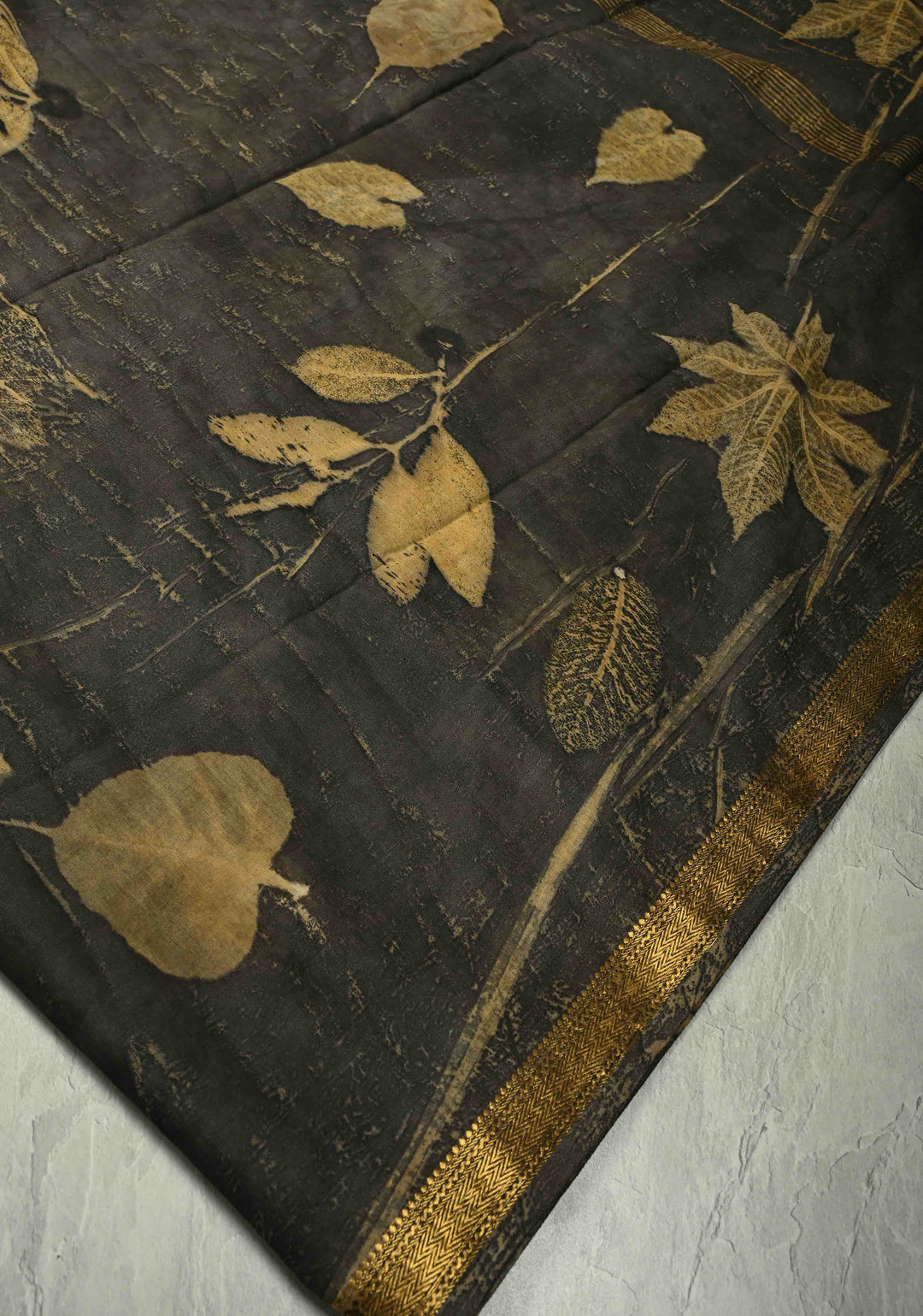 Charcoal Black Eco print on Chanderi Silk Saree with Leaf Buttas and Minimal Zari Border