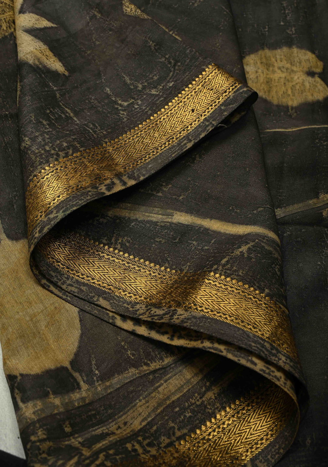 Charcoal Black Eco print on Chanderi Silk Saree with Leaf Buttas and Minimal Zari Border