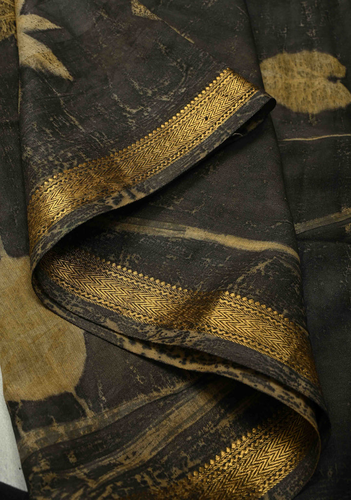 Charcoal Black Eco print on Chanderi Silk Saree with Leaf Buttas and Minimal Zari Border