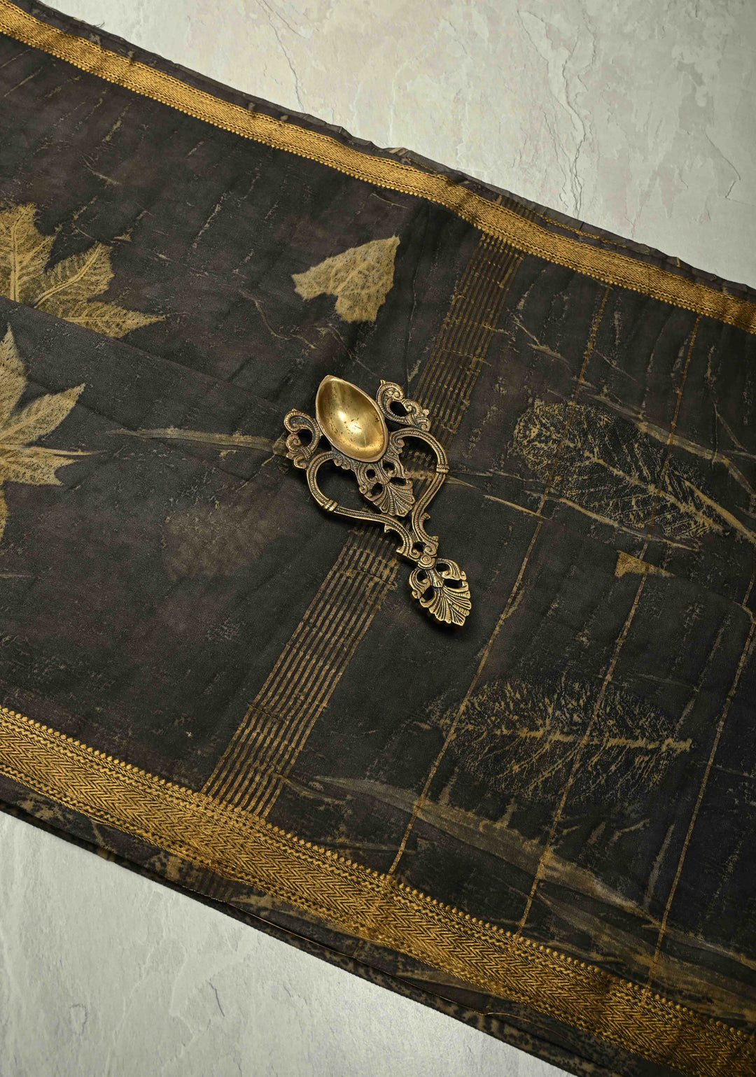 Charcoal Black Eco print on Chanderi Silk Saree with Leaf Buttas and Minimal Zari Border