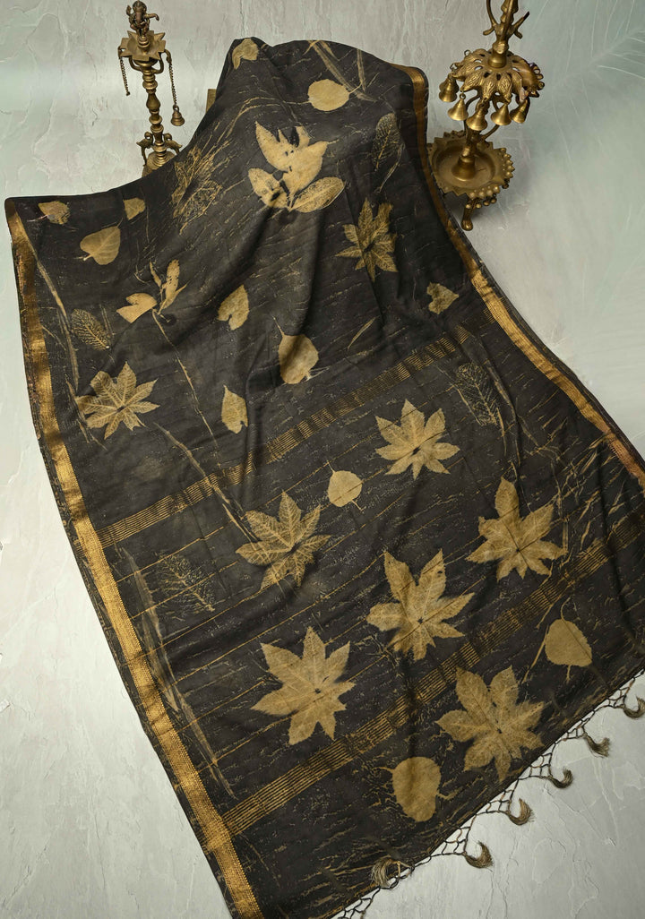 Charcoal Black Eco print on Chanderi Silk Saree with Leaf Buttas and Minimal Zari Border