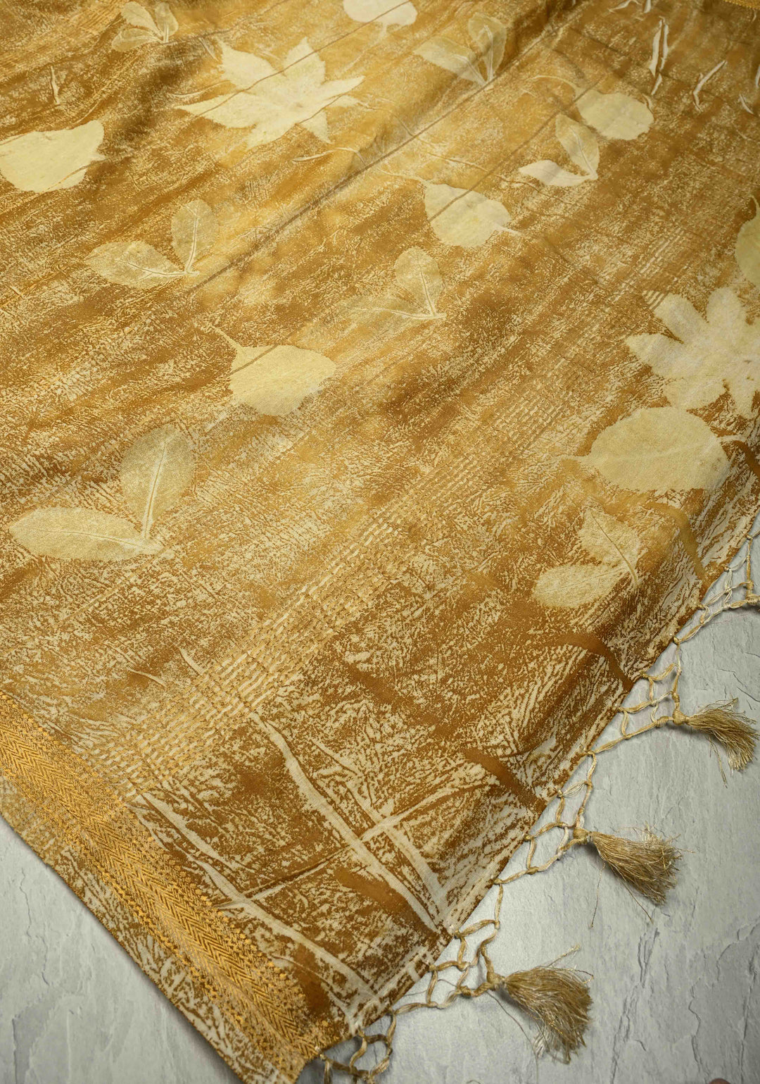 Golden Yellow Leaf Eco print on Chanderi  Silk Saree with Minimal Zari Border