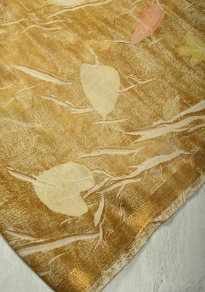 Golden Yellow Leaf Eco print on Chanderi  Silk Saree with Minimal Zari Border