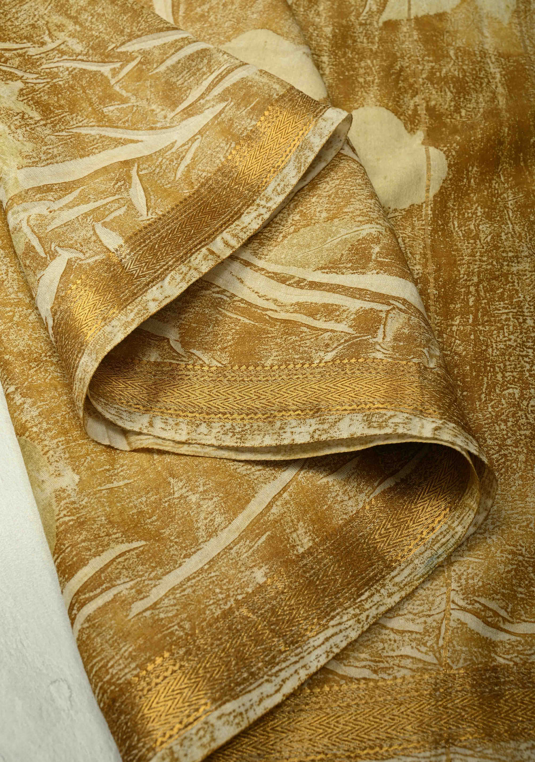Golden Yellow Leaf Eco print on Chanderi  Silk Saree with Minimal Zari Border
