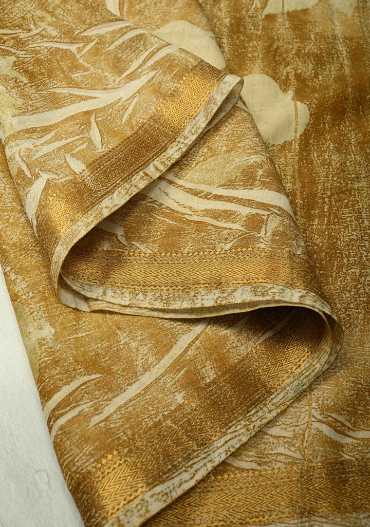 Golden Yellow Leaf Eco print on Chanderi  Silk Saree with Minimal Zari Border