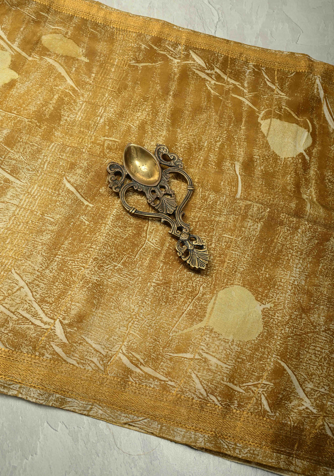 Golden Yellow Leaf Eco print on Chanderi  Silk Saree with Minimal Zari Border