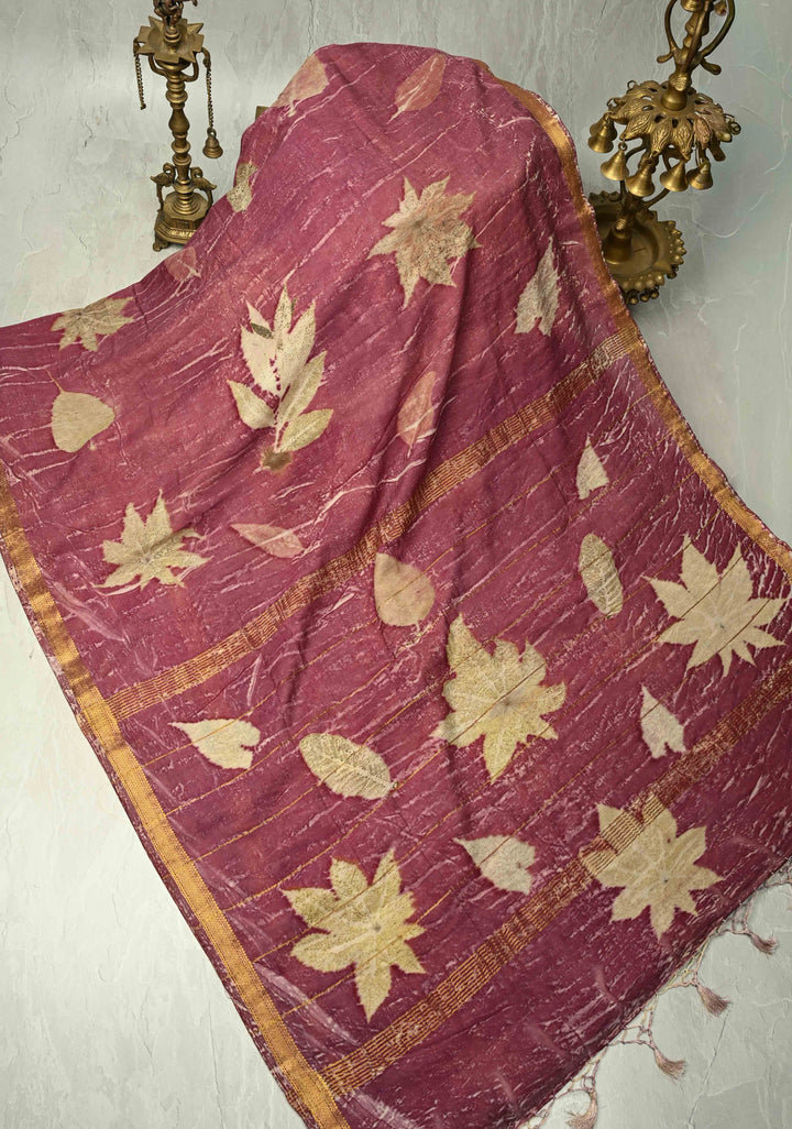 Mauve Eco print on Chanderi  Silk Saree with Leaf Buttas and Minimal Zari Border