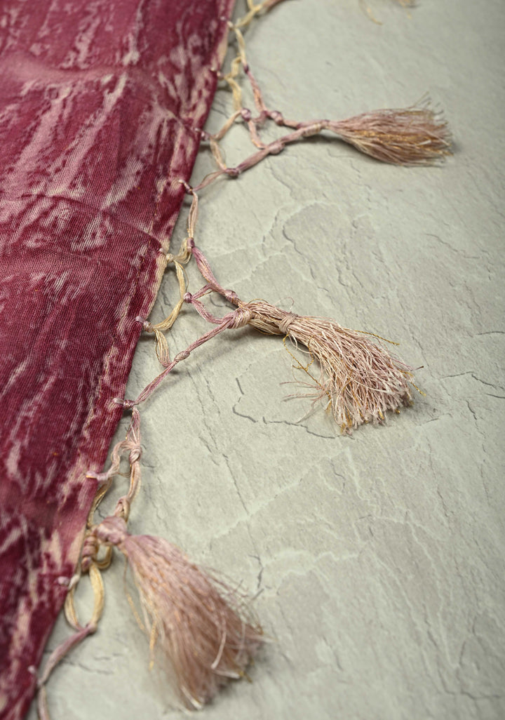 Mauve Eco print on Chanderi  Silk Saree with Leaf Buttas and Minimal Zari Border