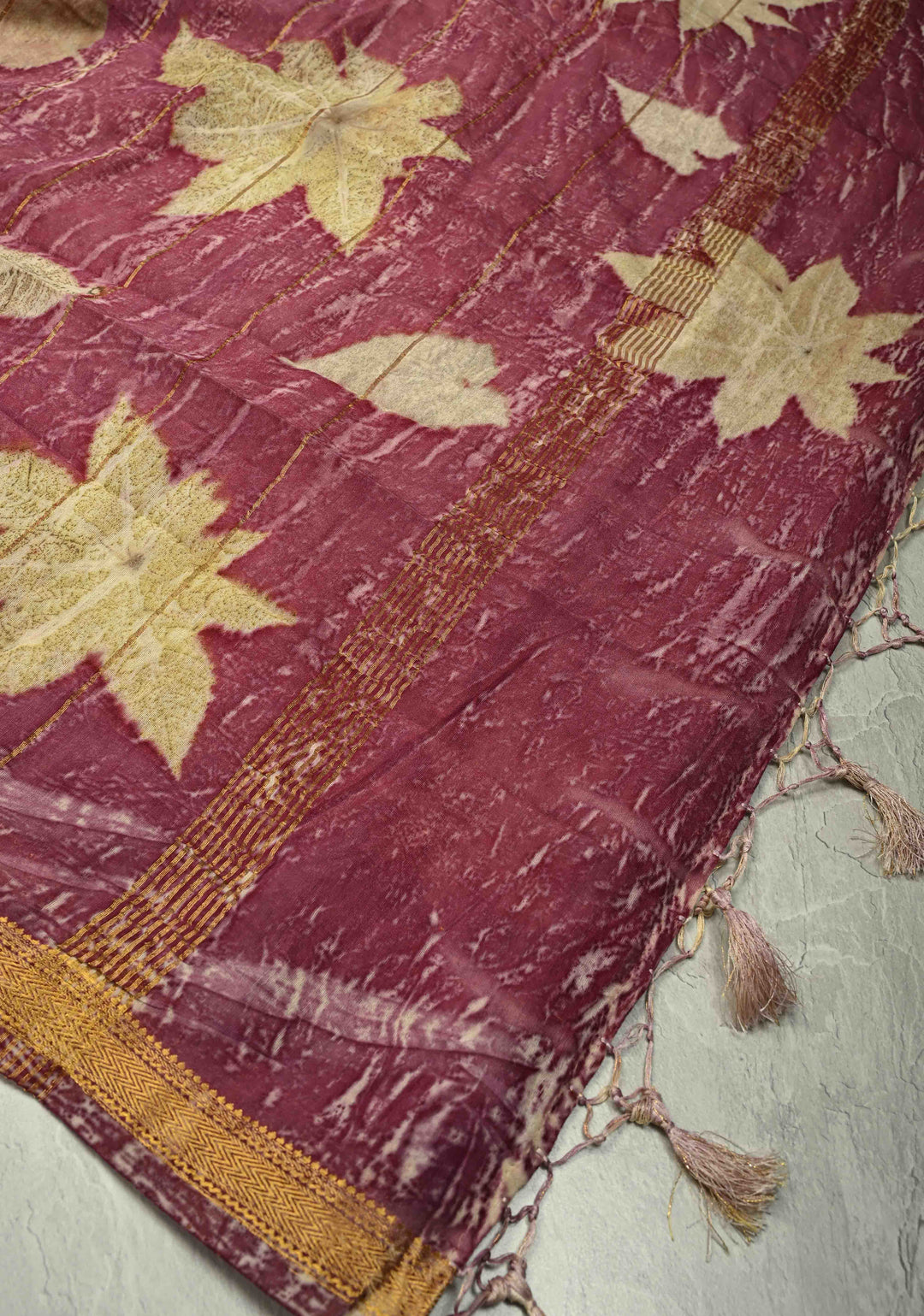 Mauve Eco print on Chanderi  Silk Saree with Leaf Buttas and Minimal Zari Border