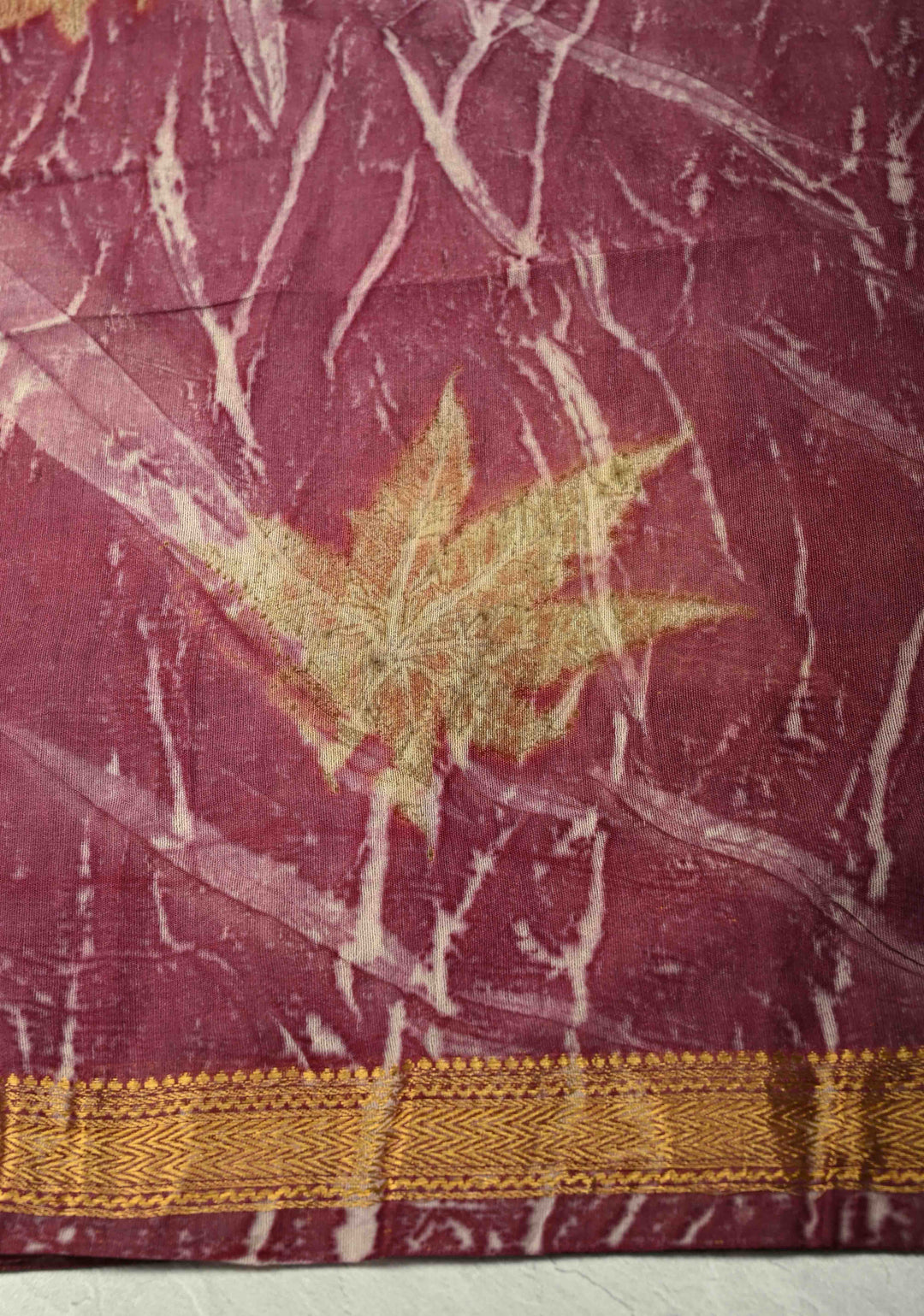 Mauve Eco print on Chanderi  Silk Saree with Leaf Buttas and Minimal Zari Border