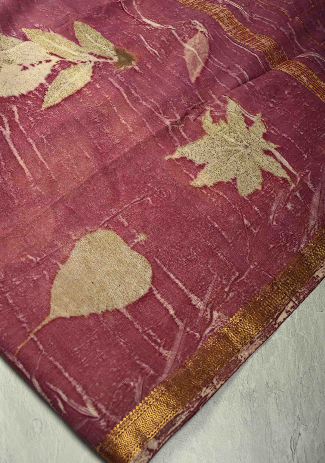 Mauve Eco print on Chanderi  Silk Saree with Leaf Buttas and Minimal Zari Border