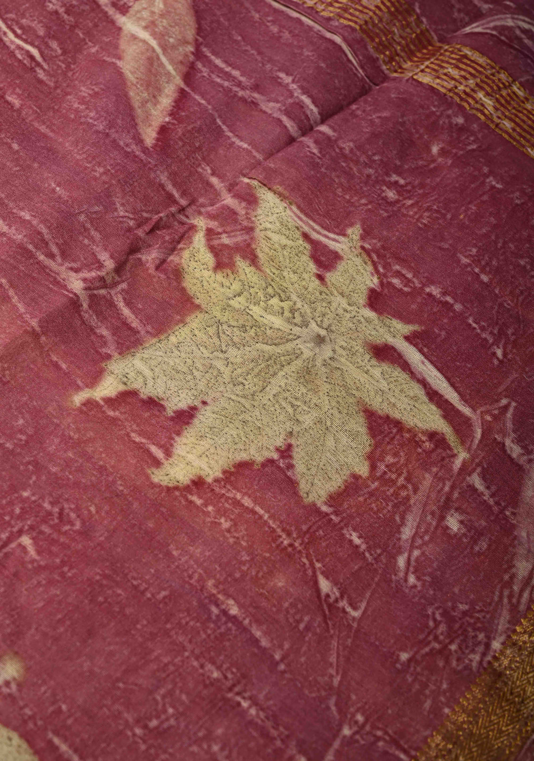 Mauve Eco print on Chanderi  Silk Saree with Leaf Buttas and Minimal Zari Border