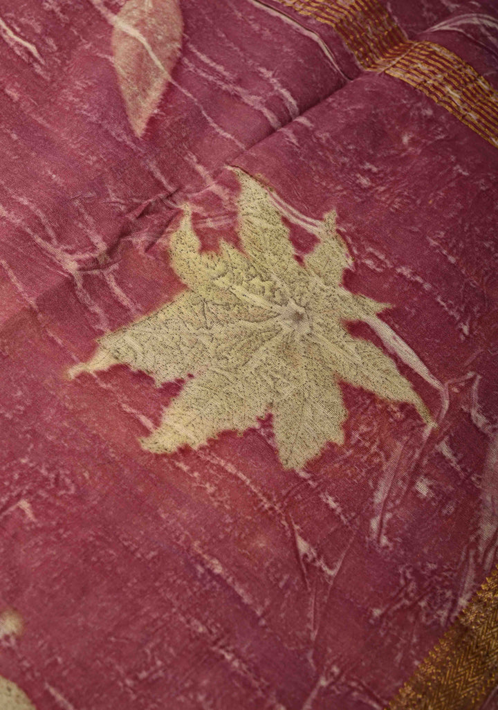 Mauve Eco print on Chanderi  Silk Saree with Leaf Buttas and Minimal Zari Border
