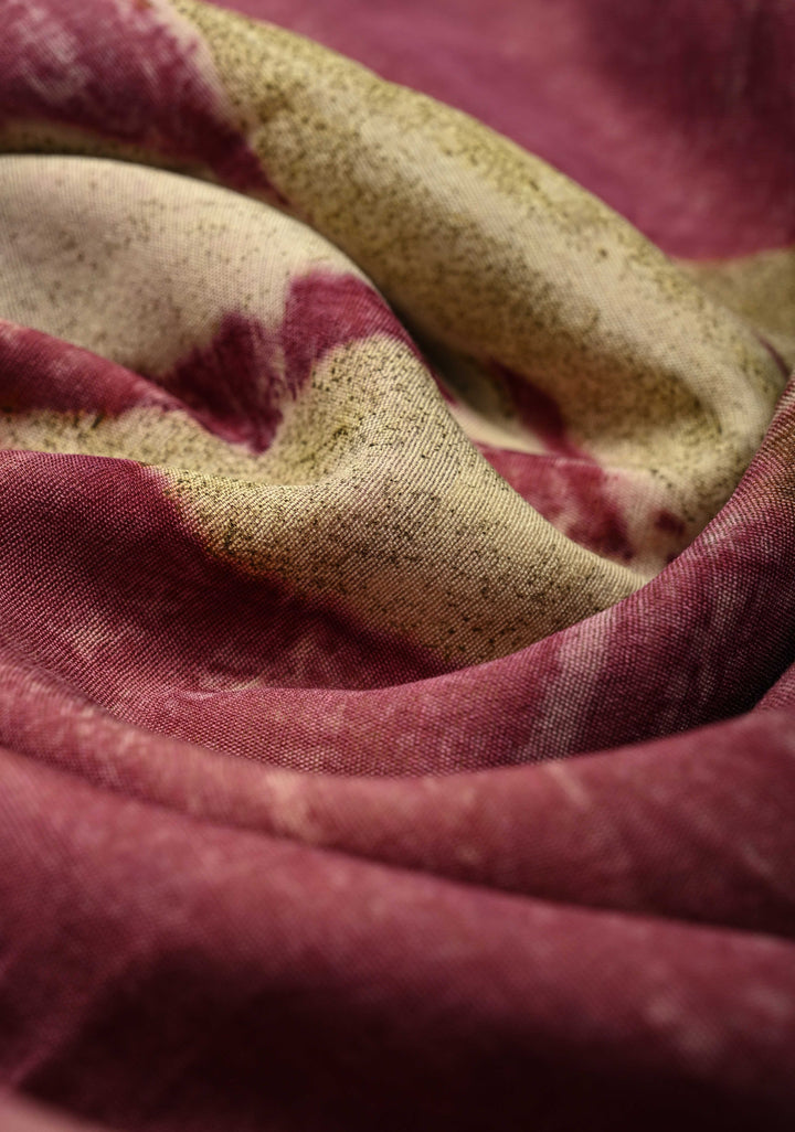 Mauve Eco print on Chanderi  Silk Saree with Leaf Buttas and Minimal Zari Border