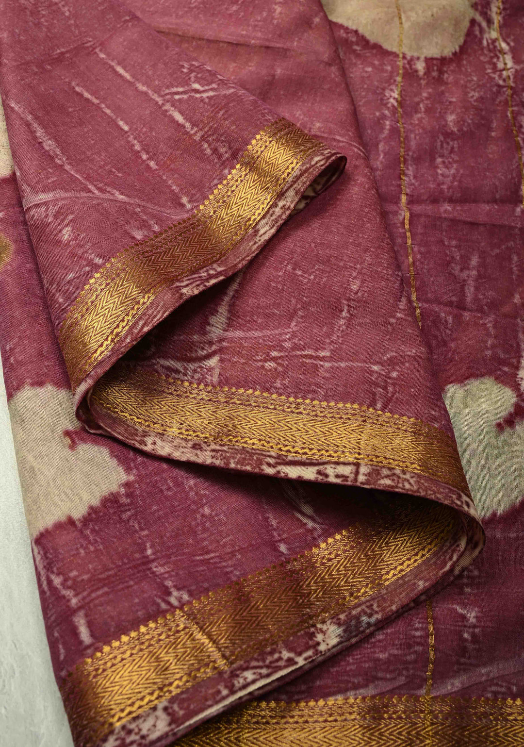 Mauve Eco print on Chanderi  Silk Saree with Leaf Buttas and Minimal Zari Border