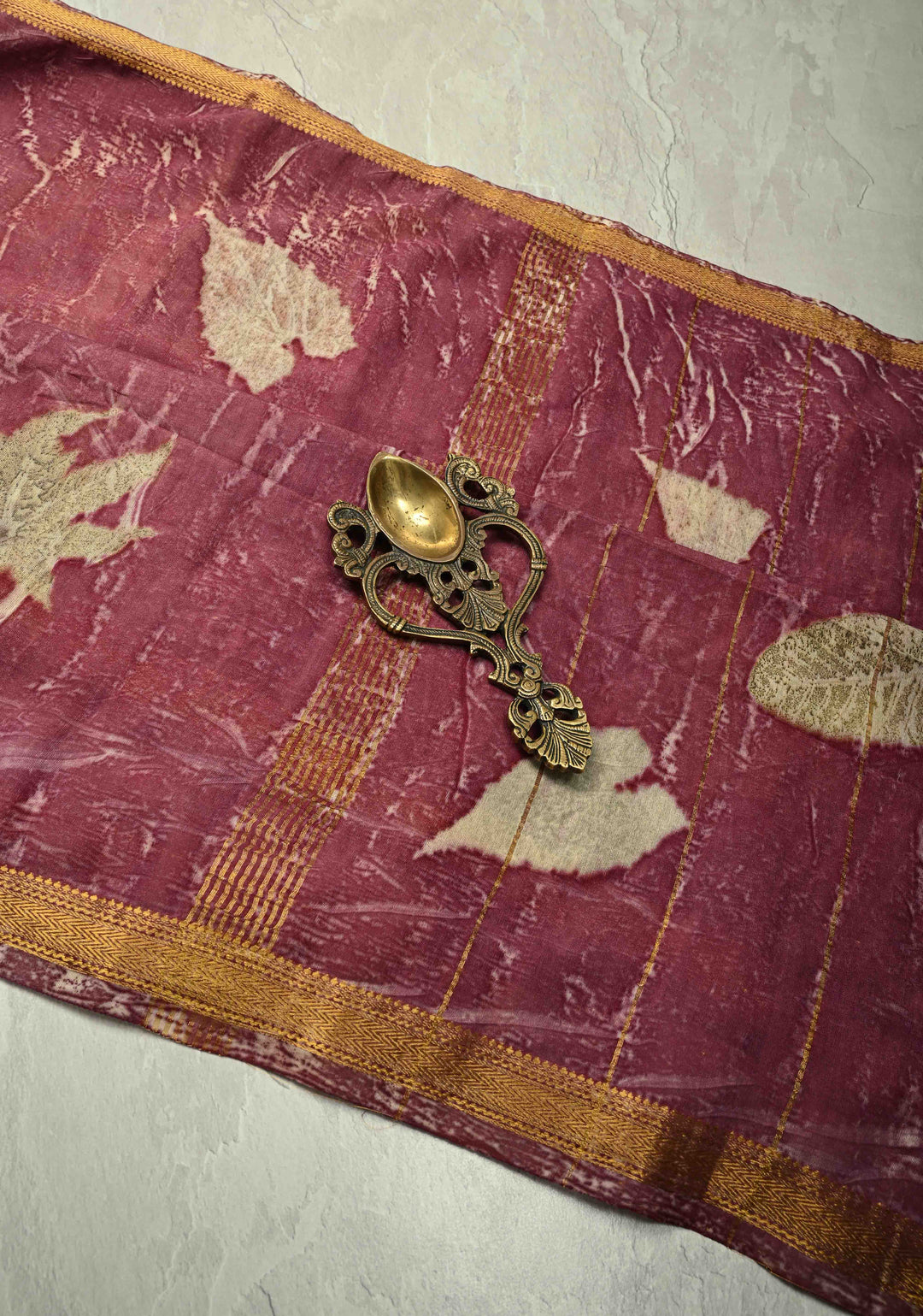 Mauve Eco print on Chanderi  Silk Saree with Leaf Buttas and Minimal Zari Border