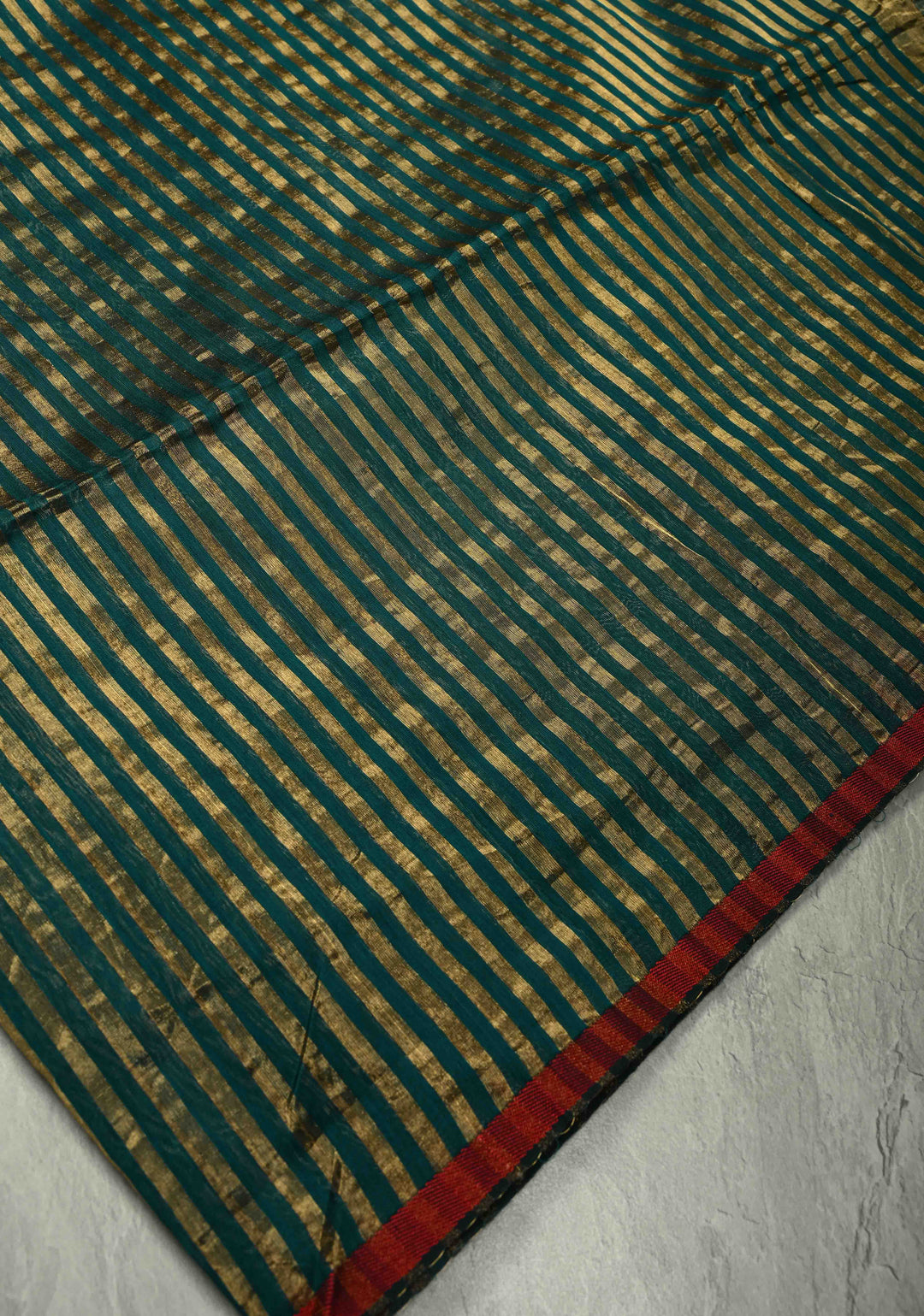 Green Handwoven Maheshwari Tissue Silk Cotton Saree with Vertical Stripes and Minimal Zari Borders