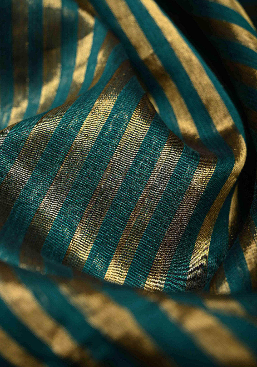 Green Handwoven Maheshwari Tissue Silk Cotton Saree with Vertical Stripes and Minimal Zari Borders