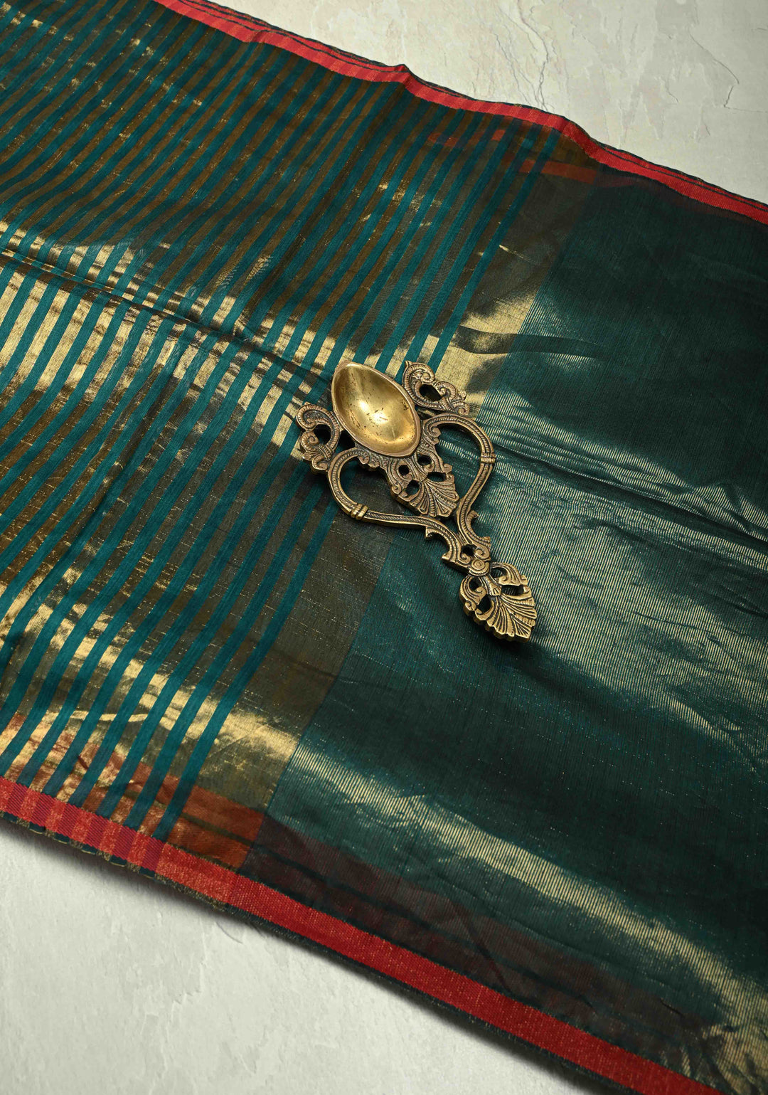Green Handwoven Maheshwari Tissue Silk Cotton Saree with Vertical Stripes and Minimal Zari Borders