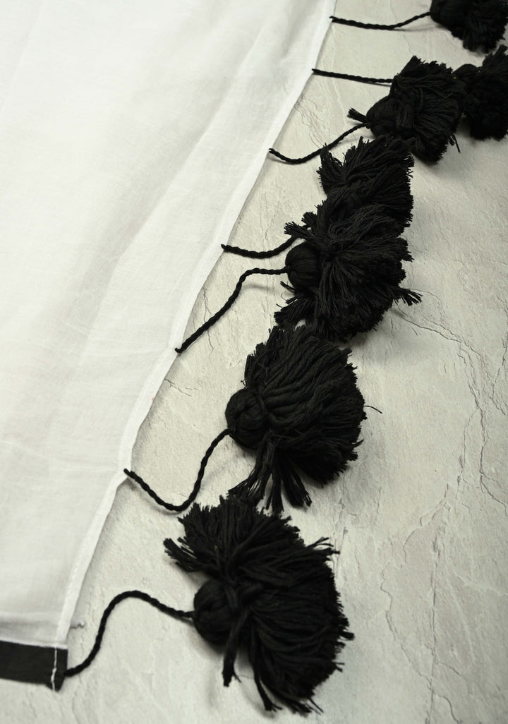 White Mulmul cotton saree with Long  Black tassels ,No Blouse Piece