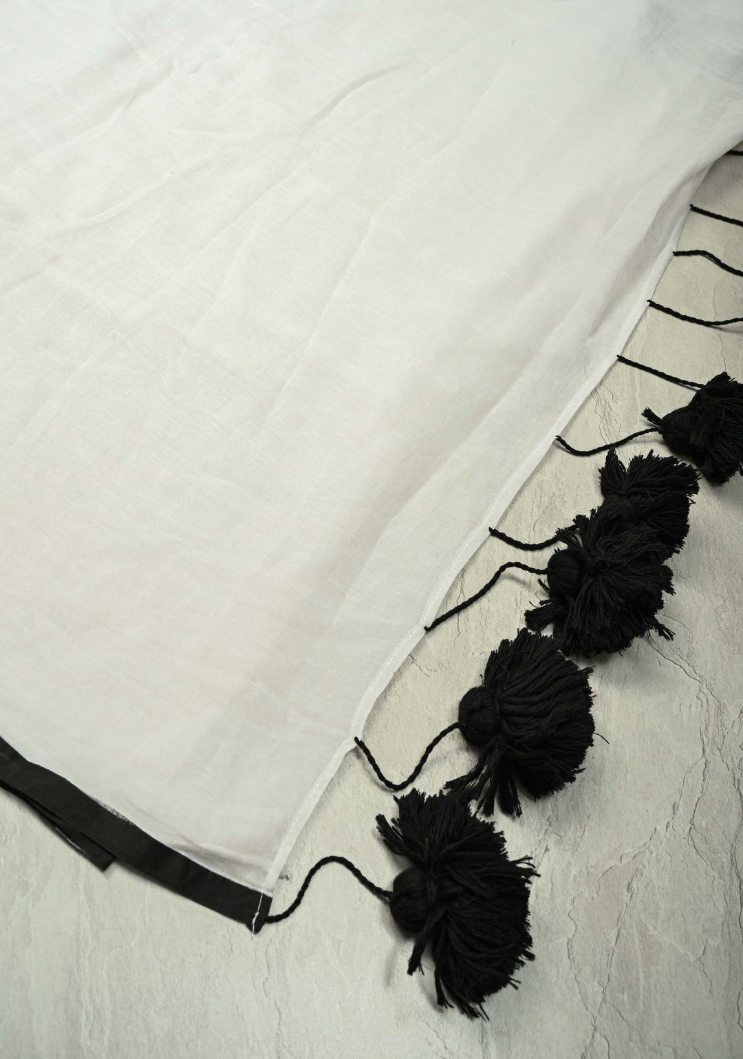 White Mulmul cotton saree with Long  Black tassels ,No Blouse Piece