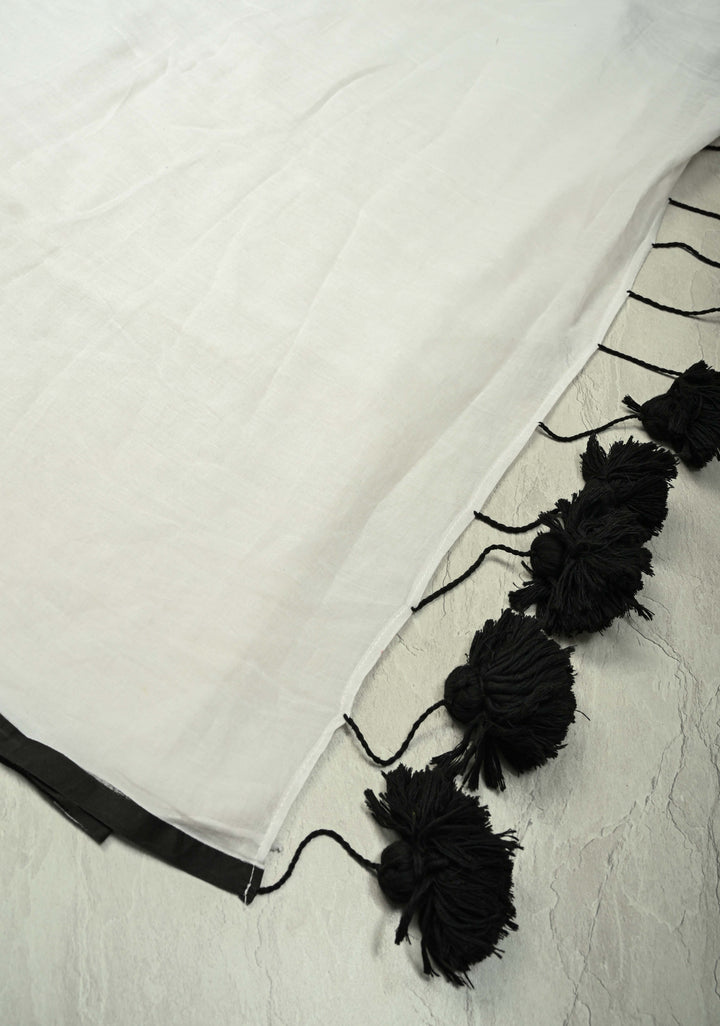 White Mulmul cotton saree with Long  Black tassels ,No Blouse Piece