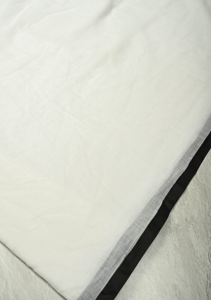 White Mulmul cotton saree with Long  Black tassels ,No Blouse Piece