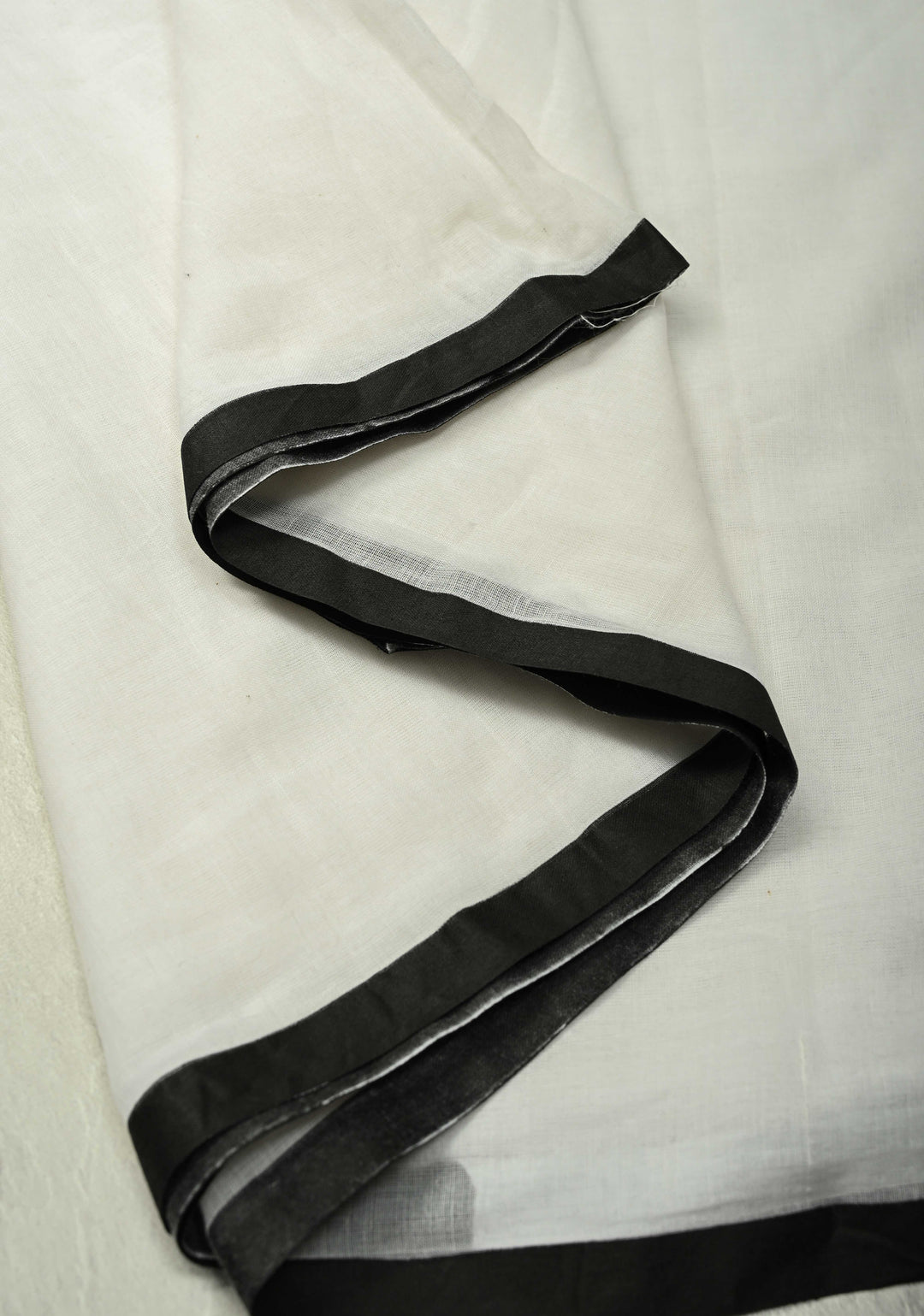 White Mulmul cotton saree with Long  Black tassels ,No Blouse Piece