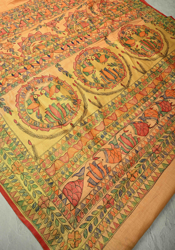 Light Orange Linen by Linen Madhubani Hand-Painted Saree
