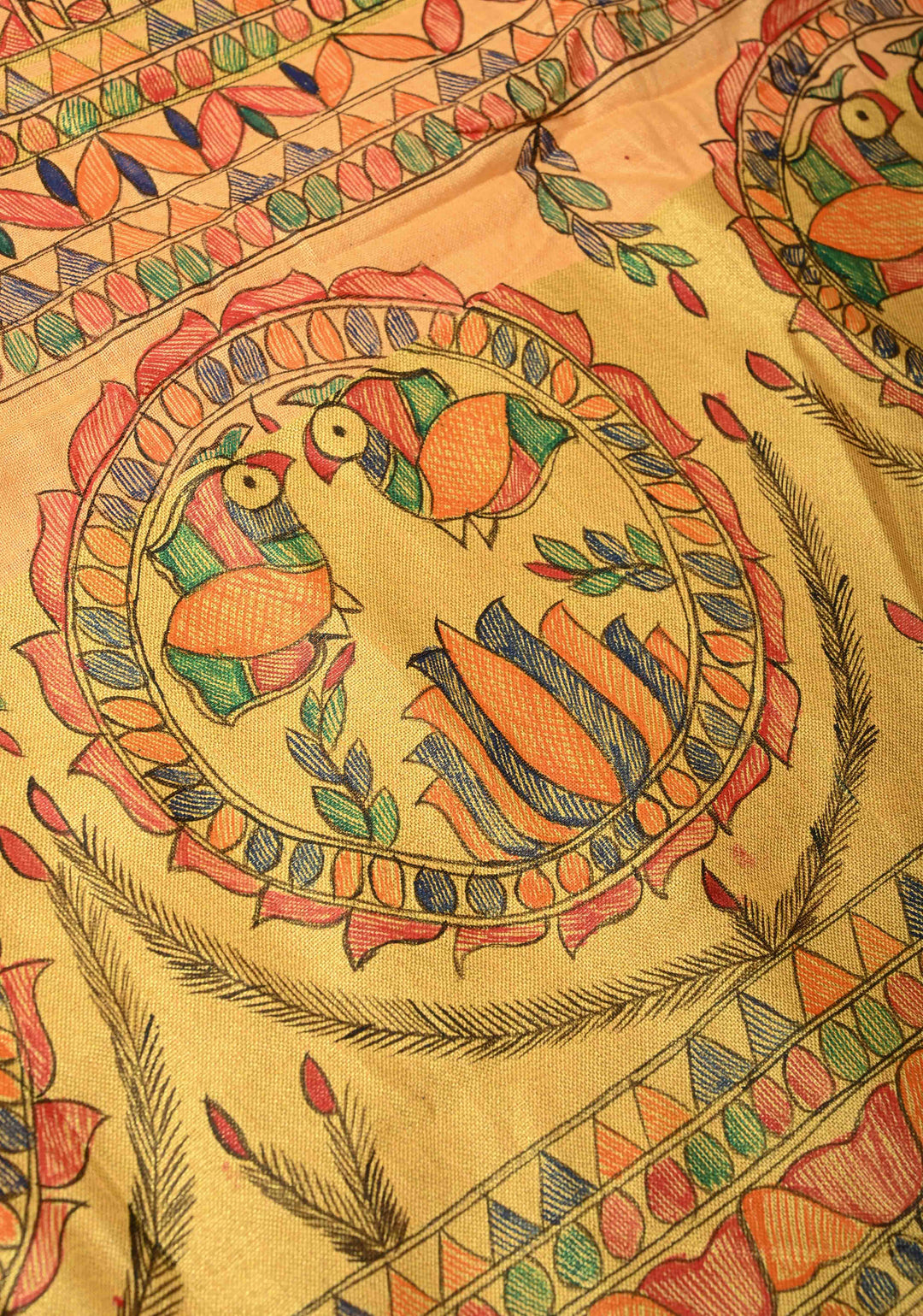 Light Orange Linen by Linen Madhubani Hand-Painted Saree