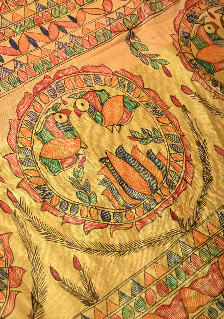 Light Orange Linen by Linen Madhubani Hand-Painted Saree