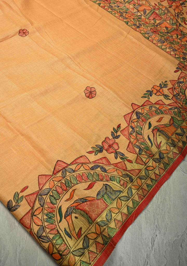 Light Orange Linen by Linen Madhubani Hand-Painted Saree