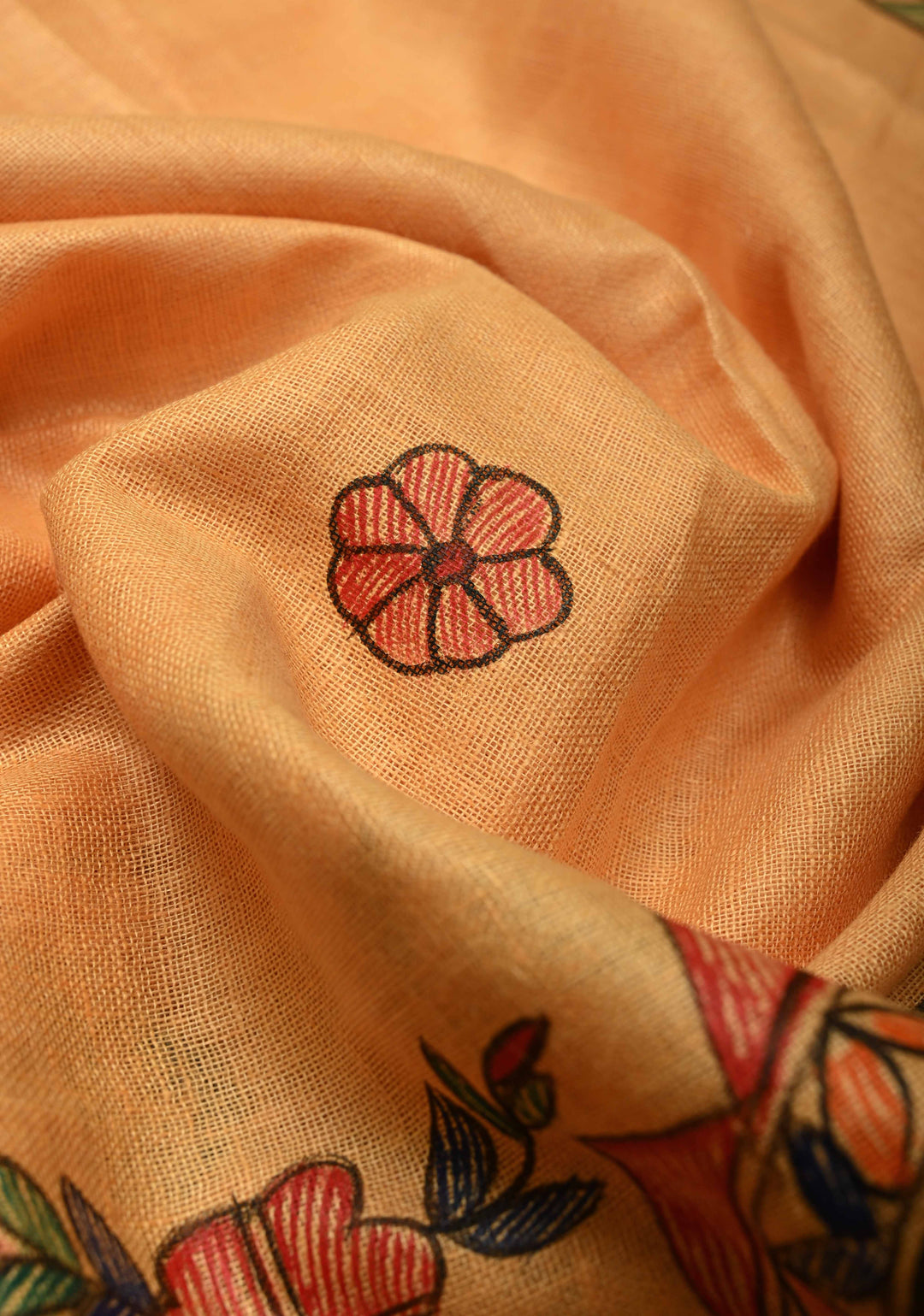 Light Orange Linen by Linen Madhubani Hand-Painted Saree