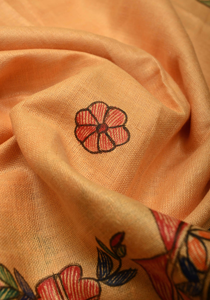 Light Orange Linen by Linen Madhubani Hand-Painted Saree