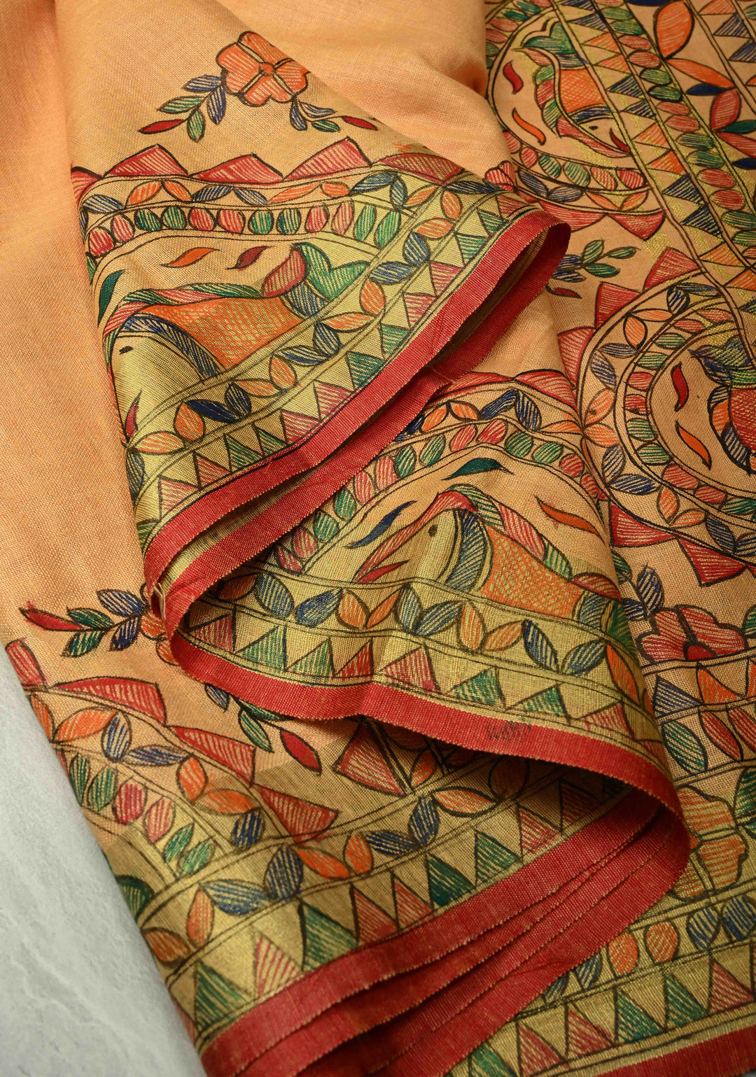 Light Orange Linen by Linen Madhubani Hand-Painted Saree