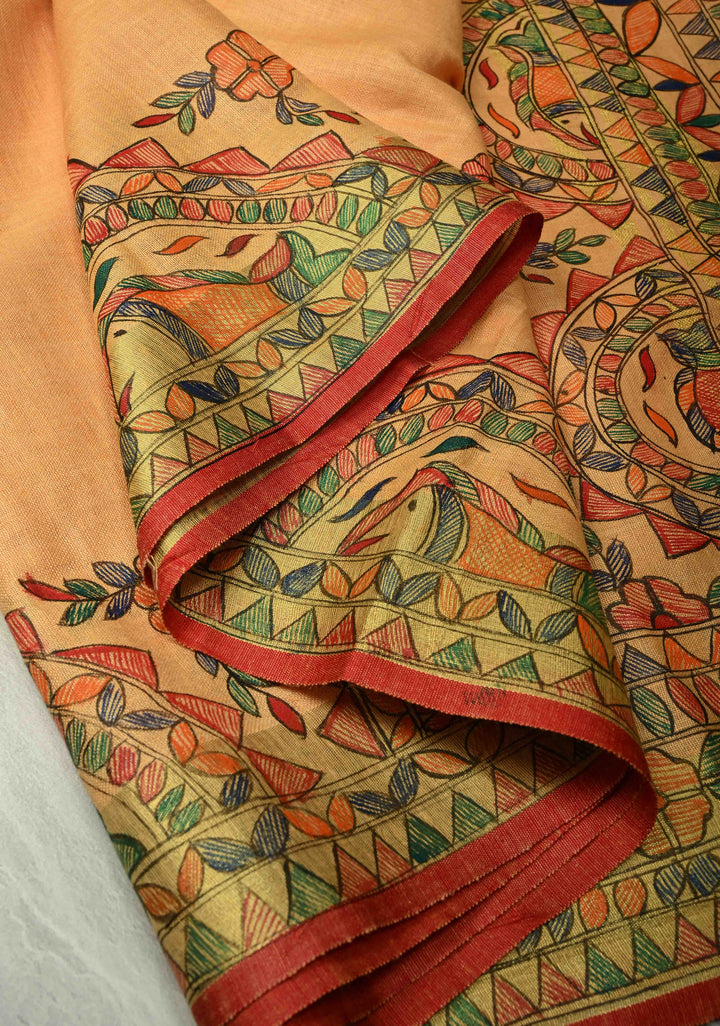 Light Orange Linen by Linen Madhubani Hand-Painted Saree