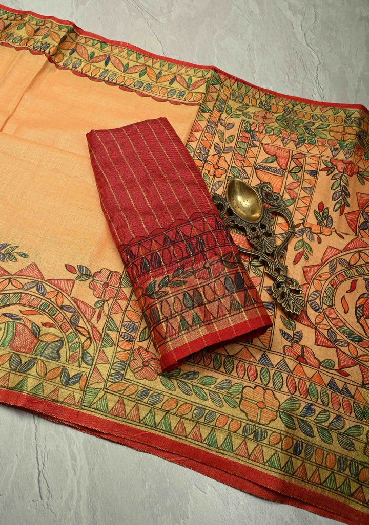 Light Orange Linen by Linen Madhubani Hand-Painted Saree
