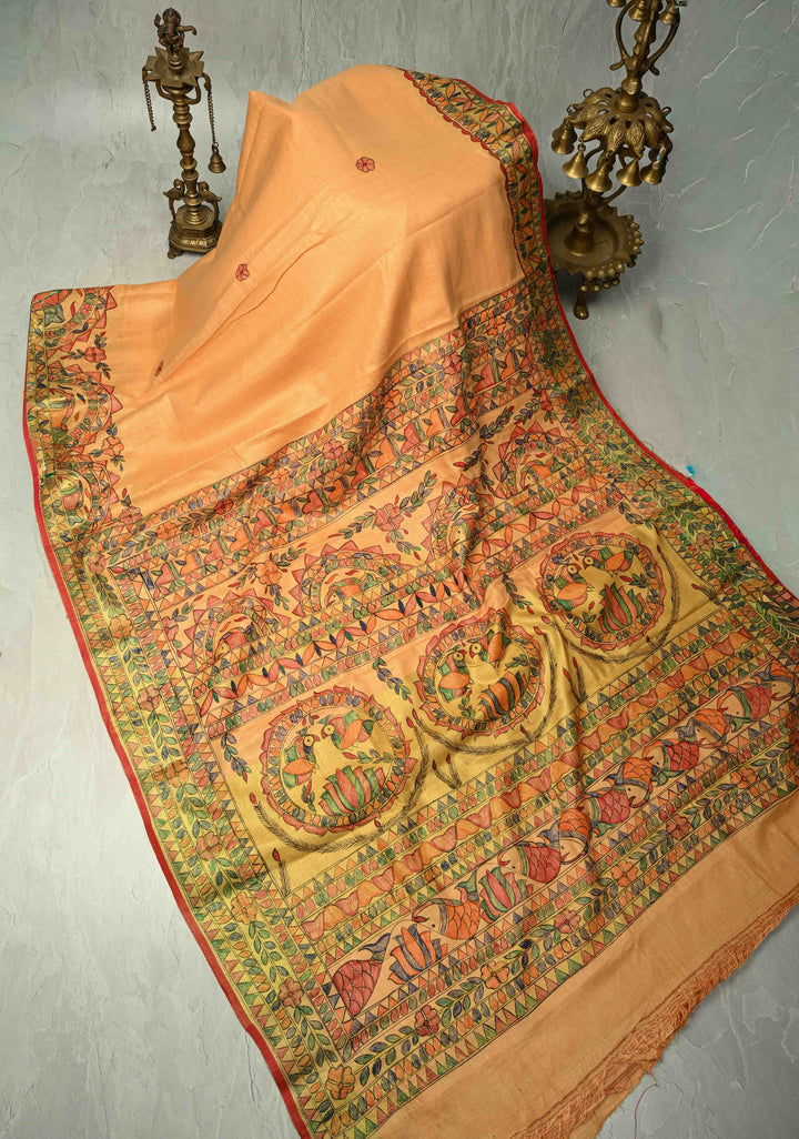 Light Orange Linen by Linen Madhubani Hand-Painted Saree