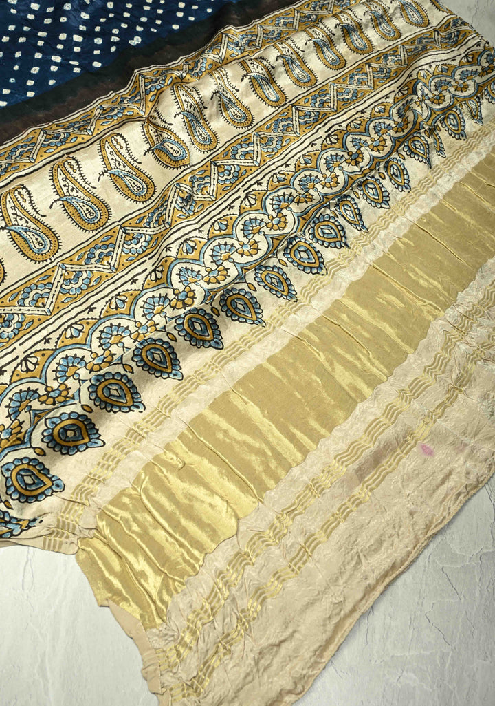 Dupatta:  Lagda Patta Ajrakh Bandhni fusion Blue Modal silk Dupatta