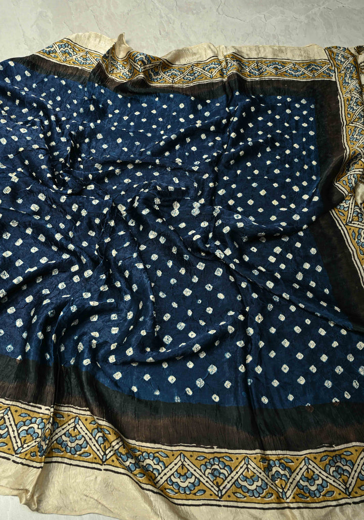 Dupatta:  Lagda Patta Ajrakh Bandhni fusion Blue Modal silk Dupatta